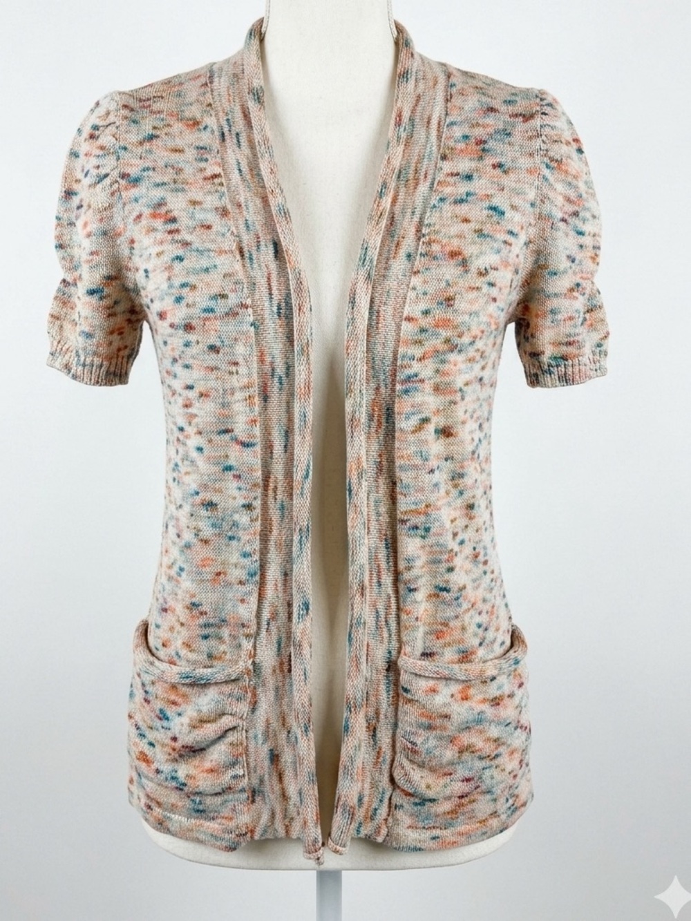 Speckled Peach and Blue Short-Sleeve Open Cardigan